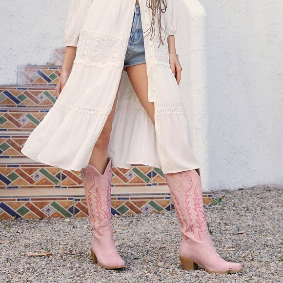 ⚡Women's Pink Knee High Cowgirl Boots Embroidered Chunky Heels Pointed Toe - Picture 5 of 6